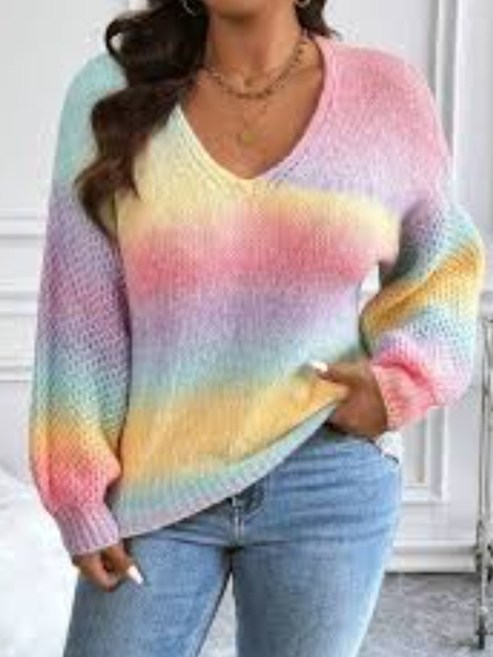 SHEIN Pastel Rainbow V-Neck Striped Knit Sweater